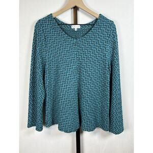 Habitat Textured Long Sleeve Blouse Women's Large Teal Blue Geometric Stretch